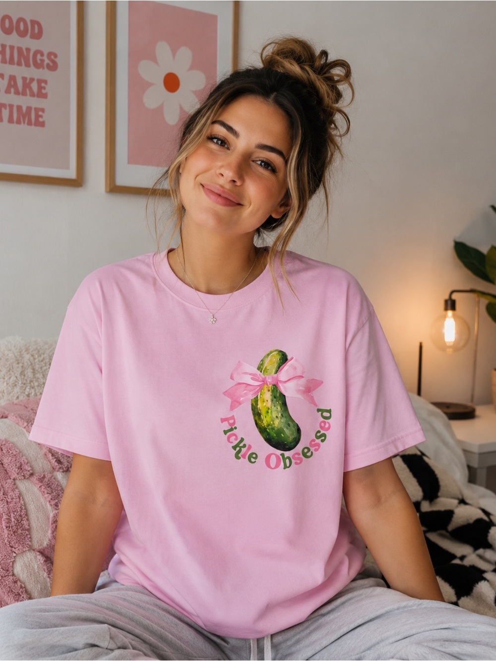 Trendy Pickle Jar Graphic Tee Soft Pink Unisex Shirt Cottagecore Large